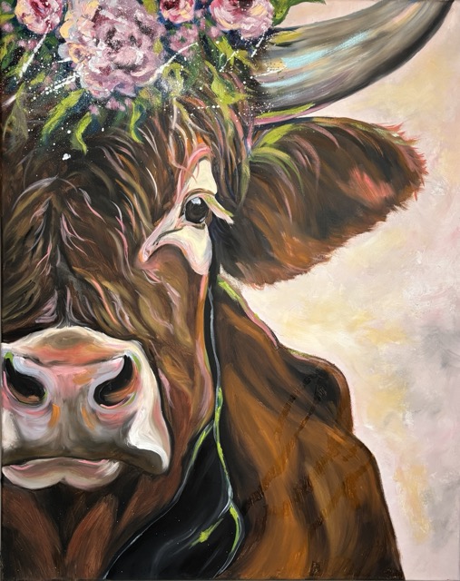 Gemälde Cow Floral I von Saskia Thurner
